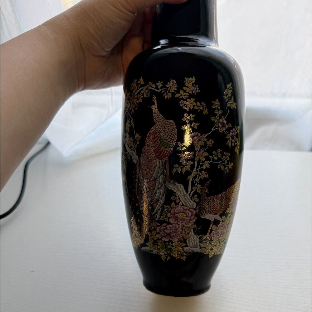 Vtg Peacock Vase Cherry Blossoms Ceramic Black Enamel Gold Accents Japan 11in J8